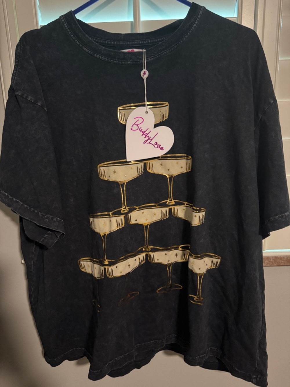 Champagne Glass Tower Graphic Tee - distressed Black & Gold